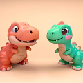 Adorable Reptile Dinosaur Toys In Orange Green With Big Eyes Smiling On Light Brown Background