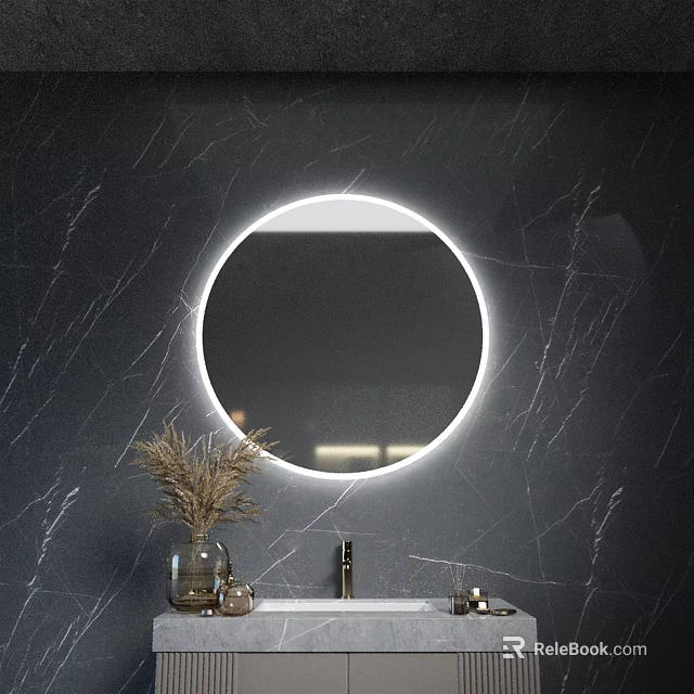 Circular Backlit Mirror On Dark Marble Wall With Bathroom Sink And Dried Plants 3d model 