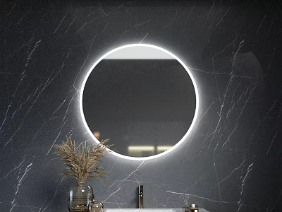 Circular Backlit Mirror On Dark Marble Wall With Bathroom Sink And Dried Plants 3d model