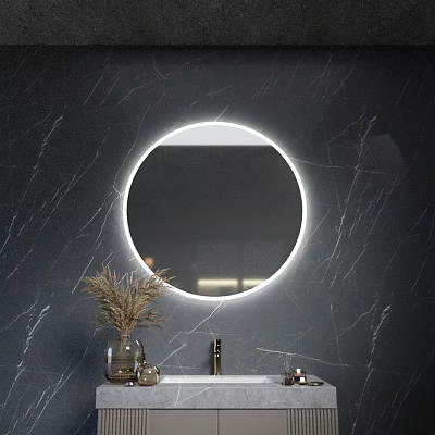 Circular Backlit Mirror On Dark Marble Wall With Bathroom Sink And Dried Plants 3d model