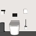 Modern White Toilet In Bathroom With Tissue Holder Trash Bin And Brush