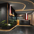 Modern Restaurant Interior With Circular Ceiling Wine Cabinet Green Plants Red Accents And Lighting