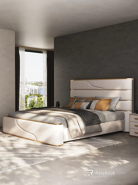 Modern Double Bed With White Gold Trim Headboard And Colorful Pillows In Gray Bedroom 3d model 