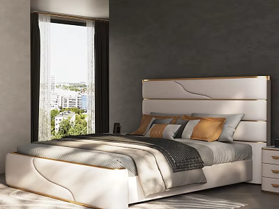 Modern Double Bed With White Gold Trim Headboard And Colorful Pillows In Gray Bedroom 3d model