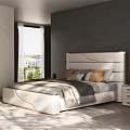 Modern Double Bed With White Gold Trim Headboard And Colorful Pillows In Gray Bedroom