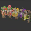 Colorful Fruit Themed Minecraft Style Drink Bottles On Wooden Stands With Transparent Design
