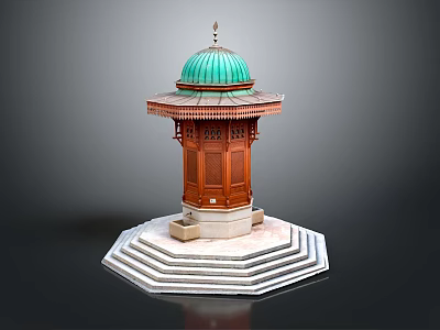 Elegant Ornate Traditional Wooden Architectural Structure With Green Dome And Stepped Base 3d model