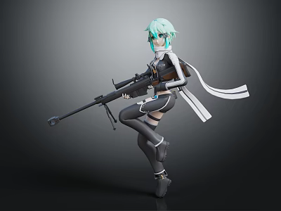 Anime Style Female Character With Sniper Rifle And Turquoise Hair 3d model