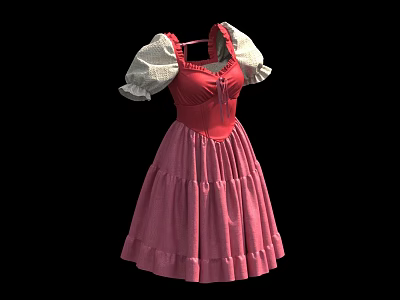 Pink Flared Dress With Red Corset Top And White Puffed Sleeves 3d model