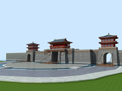 Ancient Chinese Architecture With Stone City Wall Main Gate Tower And Flanking Towers 3d model