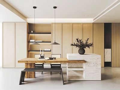 Minimalist Modern Dining Room Interior With Wooden Table Black Chairs And Pendant Lights 3d model