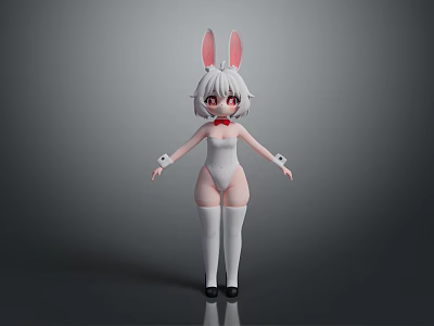 Cute Anime Game Character With Rabbit Ears White Bodysuit Thigh High Socks Red Bow Tie 3d model