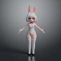 Cute Anime Game Character With Rabbit Ears White Bodysuit Thigh High Socks Red Bow Tie