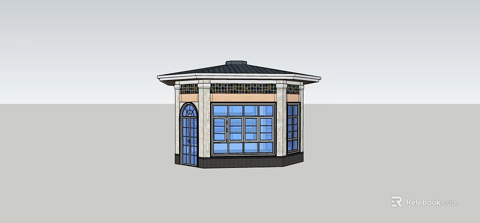 Architectural Octagonal Pavilion With Blue Windows Door Black Roof And White Columns 3d model 