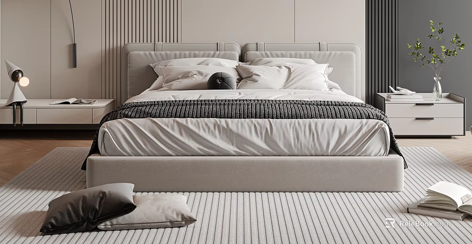 Modern Minimalist Double Bed with Upholstered Headboard White Pillows Gray Bedspread and Striped Rug 3d model 