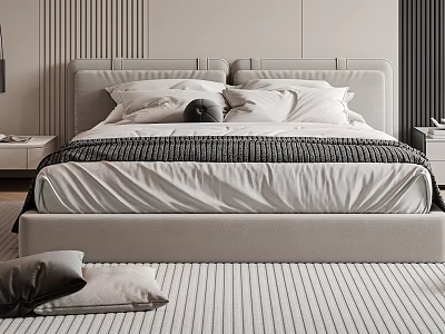 Modern Minimalist Double Bed with Upholstered Headboard White Pillows Gray Bedspread and Striped Rug 3d model
