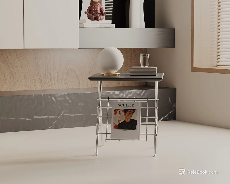 Modern Side Table Black Top Metal Frame White Sphere Magazine Rack GQ Wooden Window Blinds 3d model 