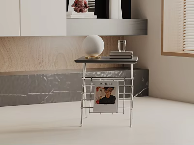 Modern Side Table Black Top Metal Frame White Sphere Magazine Rack GQ Wooden Window Blinds 3d model