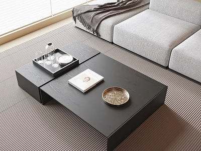 Modern Black Coffee Table With Tray Book Glasses And Gray Sofa In Living Room 3d model