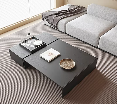 Modern Black Coffee Table With Tray Book Glasses And Gray Sofa In Living Room 3d model