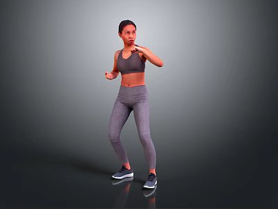 Woman Practicing Boxing Moves In Gray Sports Bra Tight Leggings And Sneakers 3d model