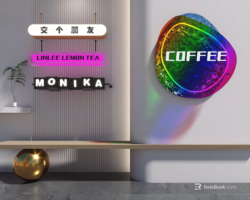 Colorful Coffee Shop Interior With LINLEE Lemon Tea Sign And MONIKA Branding 3d model 