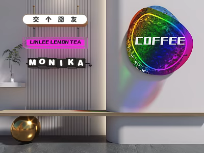 Colorful Coffee Shop Interior With LINLEE Lemon Tea Sign And MONIKA Branding 3d model