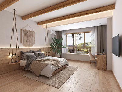 Hotel Guest Room With Wooden Ceiling Beams Hanging Macrame Decor Large Bed And Wooden Flooring 3d model