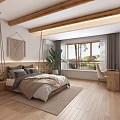 Hotel Guest Room With Wooden Ceiling Beams Hanging Macrame Decor Large Bed And Wooden Flooring