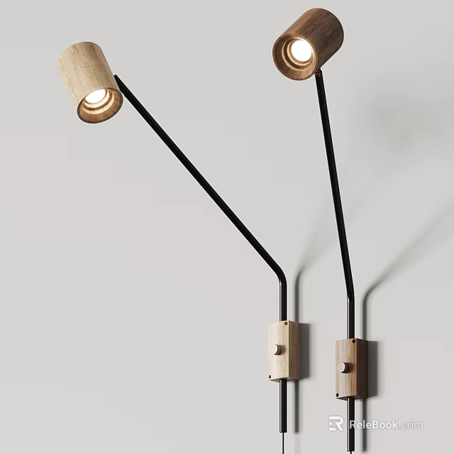 Modern Wooden Wall Sconces With Black Metal Arms And Warm Lighting Glow 3d model 