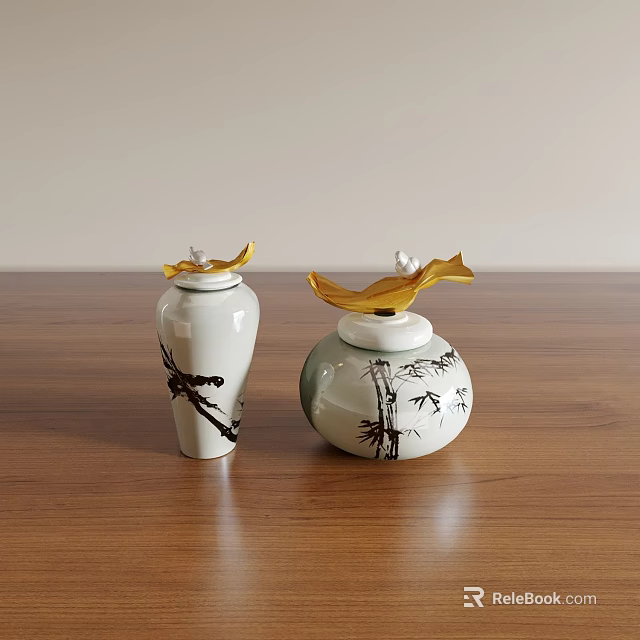 White Ceramic Vessels With Black Bamboo Patterns And Golden Leaf Lids On Wooden Tabletop 3d model 