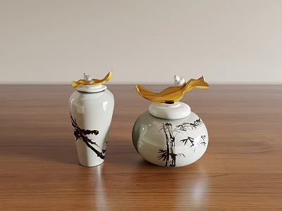 White Ceramic Vessels With Black Bamboo Patterns And Golden Leaf Lids On Wooden Tabletop 3d model