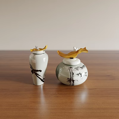 White Ceramic Vessels With Black Bamboo Patterns And Golden Leaf Lids On Wooden Tabletop 3d model