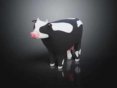 Black And White Cow Figure With Pink Nose Standing On Dark Background With Reflection 3d model