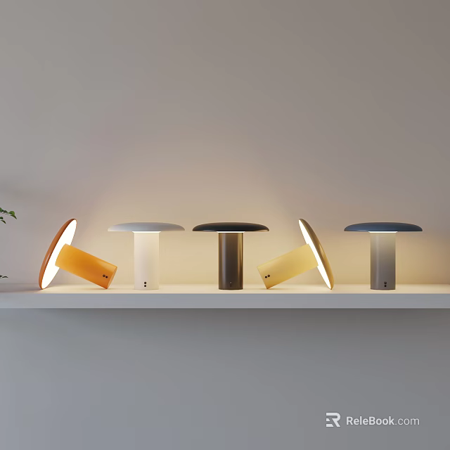 Stylish Multiple Table Lamps Featuring Different Colors And Designs On White Shelf 3d model 