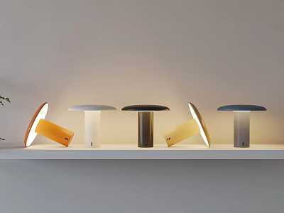 Stylish Multiple Table Lamps Featuring Different Colors And Designs On White Shelf 3d model