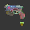 Futuristic Gun With Pink Accents And Cat Design Nearby Gold Bell With Red Bow