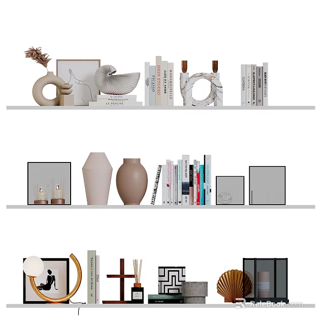 Elegant Decorative Ornament Combination With Ceramic Vases Photo Frames And Books On Shelves 3d model 