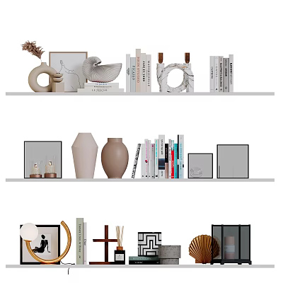 Elegant Decorative Ornament Combination With Ceramic Vases Photo Frames And Books On Shelves 3d model