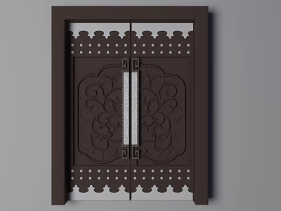 Dark Brown Double Flush Door With Intricate Carved Patterns And Perforated Design 3d model