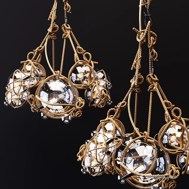 Elegant Hanging Chandelier With Golden Rope Knots And Transparent Crystal Balls 3d model 