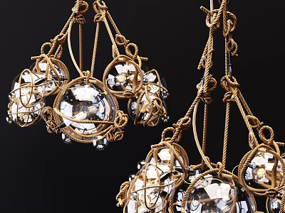 Elegant Hanging Chandelier With Golden Rope Knots And Transparent Crystal Balls 3d model