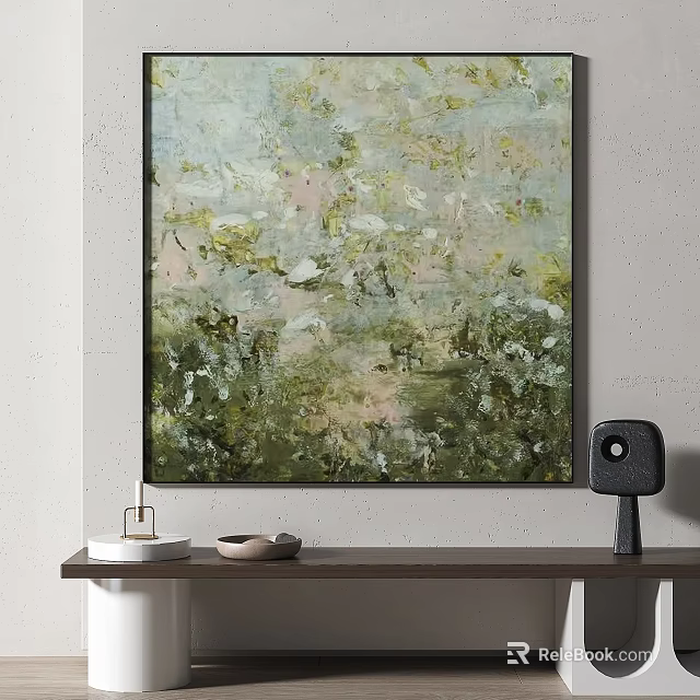 Abstract Oil Painting With Soft Green Pink Tones On Wall With Minimal Decor 3d model 