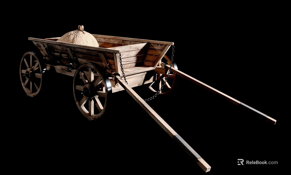 Old Fashioned Wooden Handcart With Large Spoked Wheels And Covered Load 3d model 