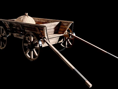 Old Fashioned Wooden Handcart With Large Spoked Wheels And Covered Load 3d model