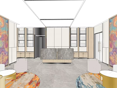 Hotel Lobby Interior Featuring Marble Reception Desk Large Windows Decorative Murals And Modern Chairs 3d model
