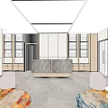Hotel Lobby Interior Featuring Marble Reception Desk Large Windows Decorative Murals And Modern Chairs