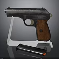 Vintage Pistol with Wooden Grip Metal Body on Display Stand and Magazine