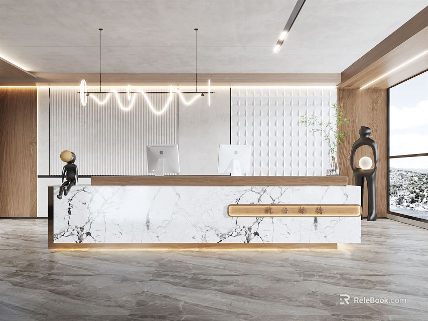 Modern Reception Desk Design With Marble Countertop Pendant Lighting And Wooden Accents 3d model 