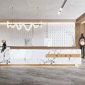 Modern Reception Desk Design With Marble Countertop Pendant Lighting And Wooden Accents